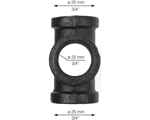 Svart tempergjuten T-koppling med en diameter på 25 mm