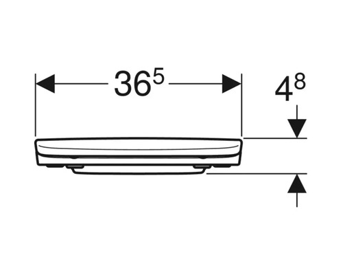 Teknisk ritning av en toalettstol med måtten 36,5 x 4,8 cm.