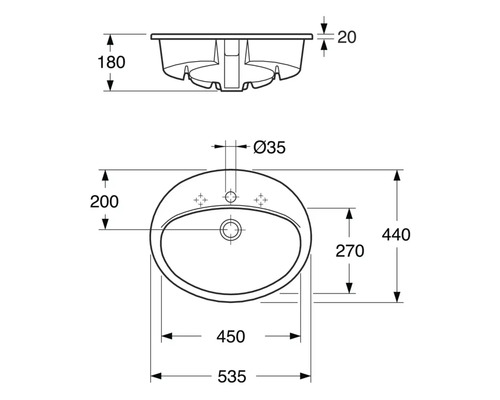 Teknisk ritning av ett tvättställ med måttangivelser