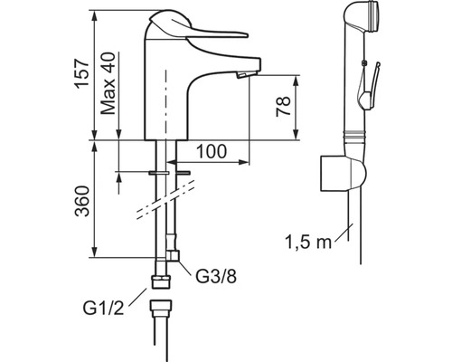 Teknisk ritning av tvättställsblandare med handdusch och måttangivelser