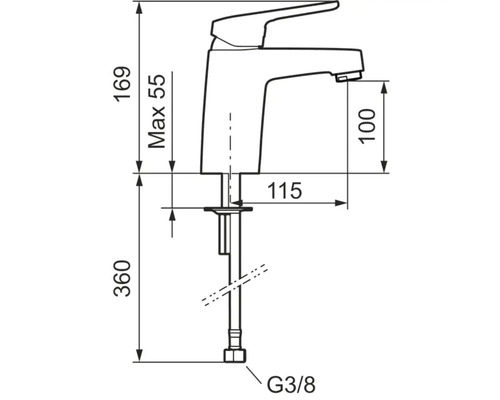 Teknisk ritning av en armatur med måttangivelser