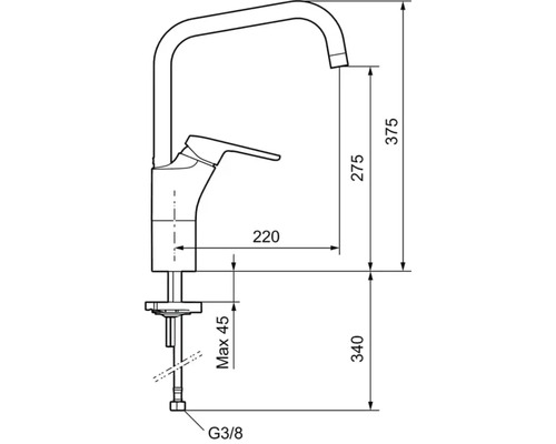 Teknisk ritning av en köksblandare med mått