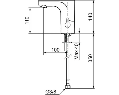 Teknisk ritning av en vattenkran med mått
