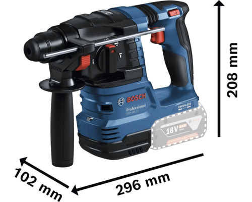 Bosch borrhammare med måtten 208 mm höjd, 102 mm bredd och 296 mm längd
