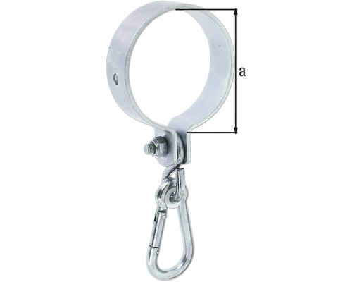 Rörklammer med karbinhake och storleksangivelse