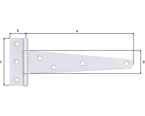 T-gångjärn med monteringshål och måttangivelser