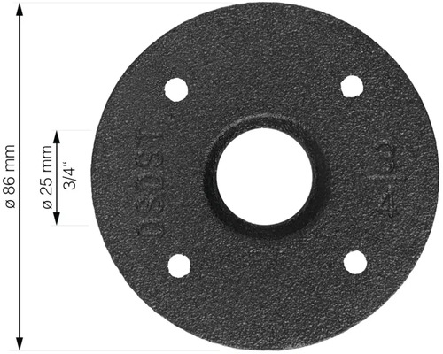 Golvfläns i gjutjärn med en diameter på 86 millimeter och en invändig gängstorlek på 3/4 tum.