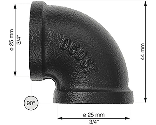 Svart rörvinkel i gjutjärn med 90 grader och 25 mm diameter