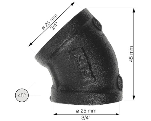 Gjutjärnsrördel, 45 graders böj, diameter 25 mm