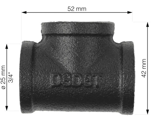 T-rör av gjutjärn med måtten 52 mm och 42 mm och en diameter på 25 mm