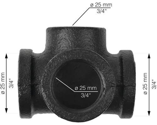 Svart T-rör med en diameter på 25 mm