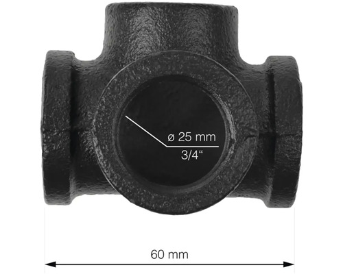 Svart formgjuten T-koppling med 25 mm diameter