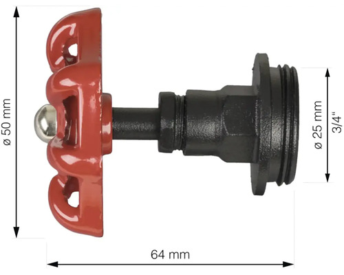 Metallventil med måtten 50 millimeter, 25 millimeter och 64 millimeter