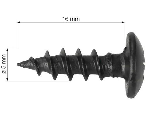Svart träskruv 16 mm med en diameter på 5 mm