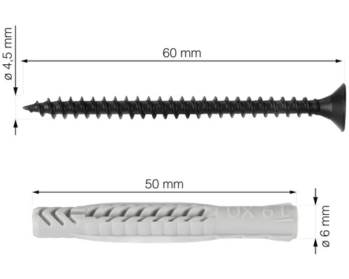 Bild på en 60 millimeters skruv och en 50 millimeters plugg med mått