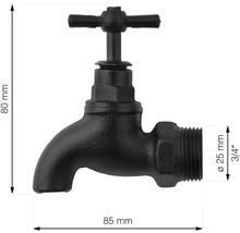 Vattenkran i metall som mäter 80 mm hög och 85 mm lång