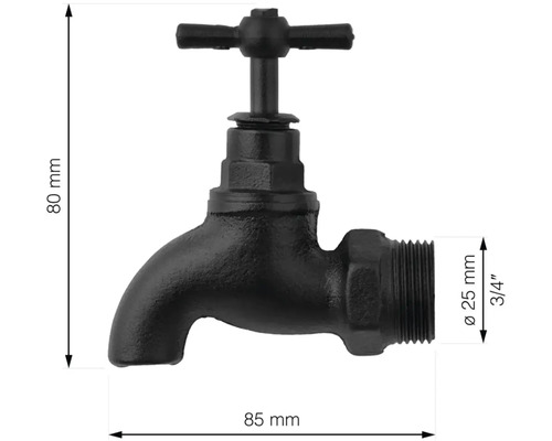 Vattenkran i metall som mäter 80 mm hög och 85 mm lång