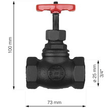 Snedsitsventil av gjutjärn med rött handhjul, mått 100 x 73 millimeter, anslutningsdiameter 25 millimeter motsvarar 3/4 tum