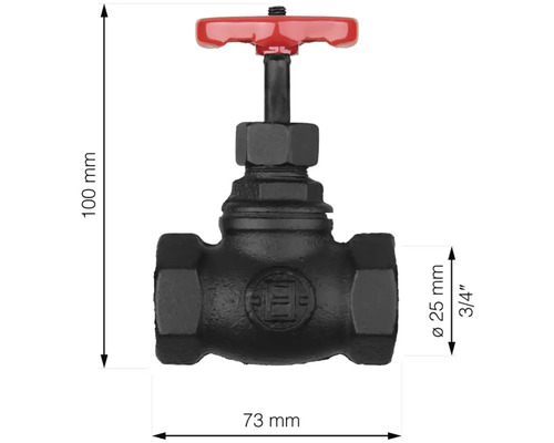 Snedsitsventil av gjutjärn med rött handhjul, mått 100 x 73 millimeter, anslutningsdiameter 25 millimeter motsvarar 3/4 tum