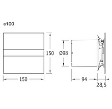 Teknisk ritning av en väggfläkt med måtten 150 x 150 millimeter och en diameter på 98 millimeter