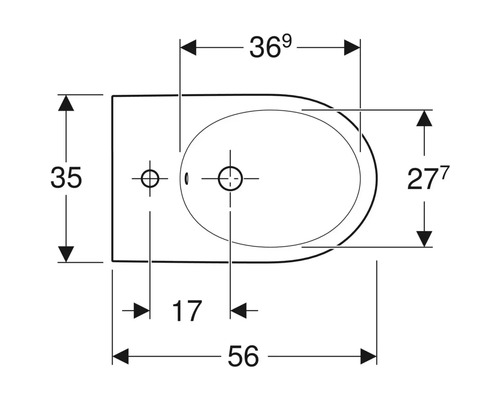 Teknisk ritning av en bidé med måttangivelser.