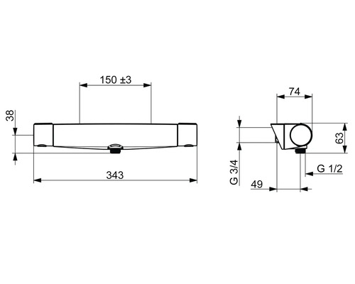 Teknisk ritning av en duschblandare med måttangivelser