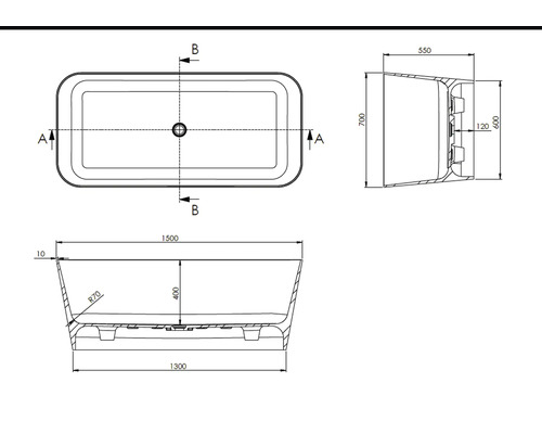 Teknisk ritning av ett badkar med dimensioner