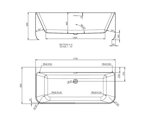 Teknisk ritning av ett badkar med mått
