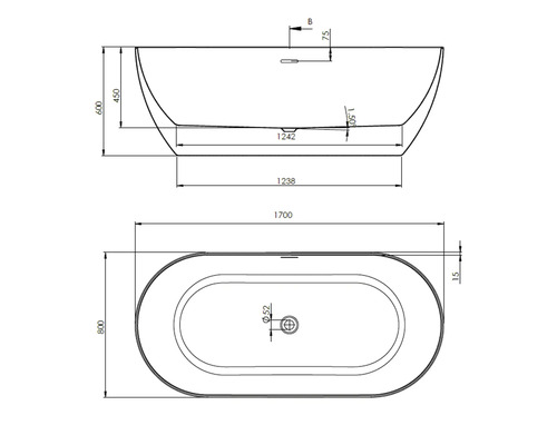 Teknisk ritning av ett fristående badkar med mått