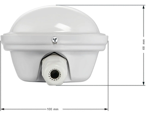 Detaljvy av en vit utomhuslampa med måtten 100 mm bred och 68 mm hög