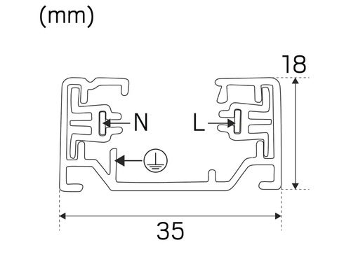 Teknisk ritning av profilen med mått: 18 mm höjd och 35 mm bredd, inklusive jordningssymbol och märkningar för neutralledare och fasledare
