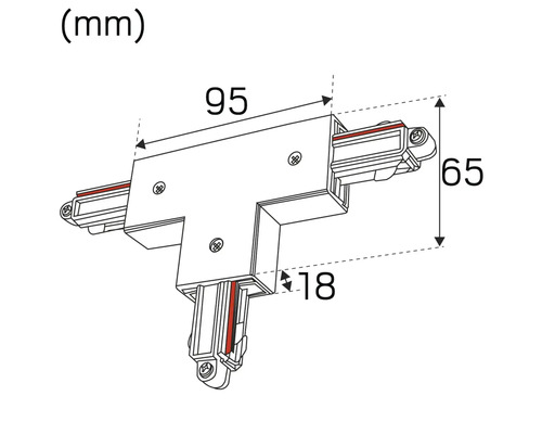 Bild på en T-koppling för strömskenor med dimensioner.