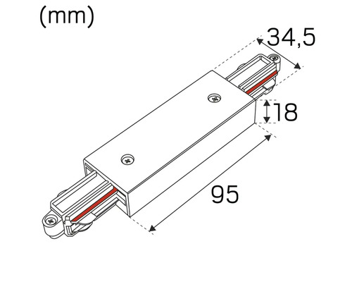 Teknisk ritning av ett anslutningsstycke för strömskenor med måttangivelser.