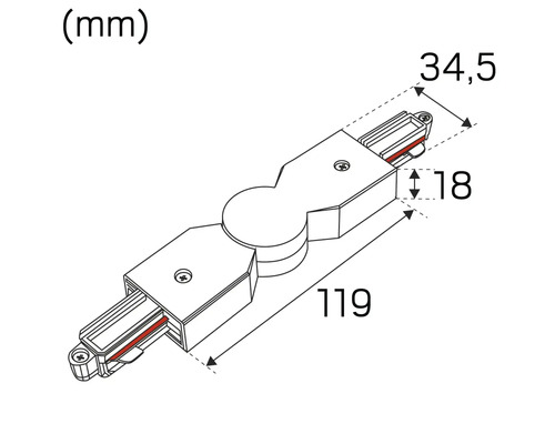 Teknisk ritning av en anslutningskontakt för strömskenor med dimensioner.