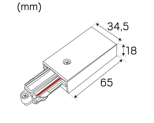 Skiss av en strömskenekontakt med måtten 65 x 34,5 x 18 millimeter
