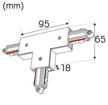 Bild av en T-koppling för strömskenor med dimensioner.