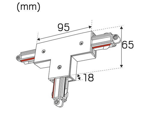 Bild av en T-koppling för strömskenor med dimensioner.