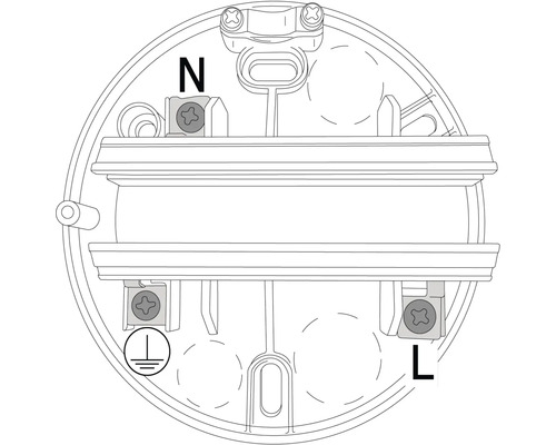 Symbolisk bild av en kopplingsdosa med anslutningarna neutralledare, ytterledare och jordning