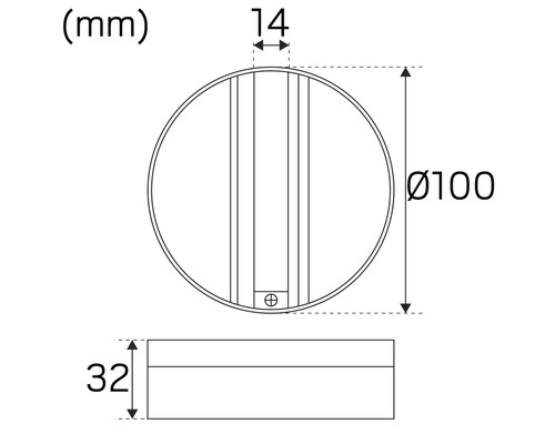 Teknisk ritning av en rund lampa med måtten 100 mm diameter, 32 mm höjd och 14 mm avstånd