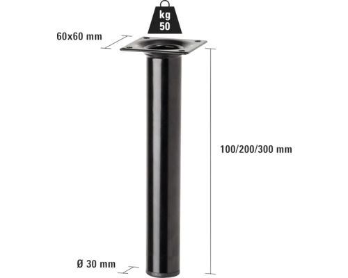 Bordsben av metall, 30 mm diameter, 60 x 60 mm platta och 50 kilogram lastkapacitet