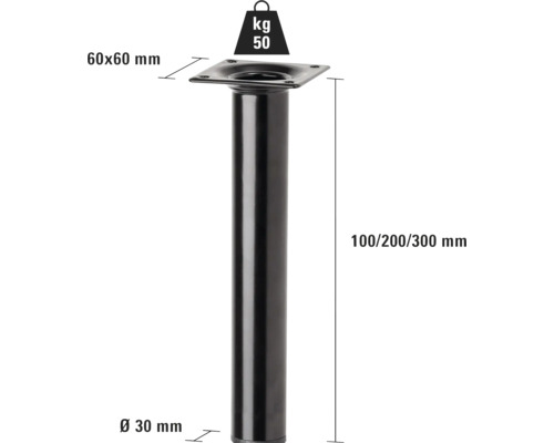 Bordsben av metall, 100/200/300 mm högt, diameter 30 mm, med en lastkapacitet på 50 kilogram