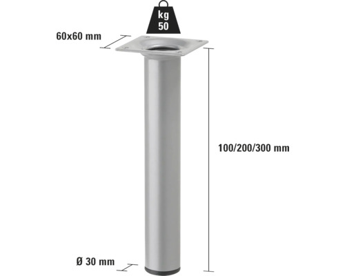 Möbelben av metall, 100/200/300 mm hög, diameter 30 mm, lastkapacitet 50 kg