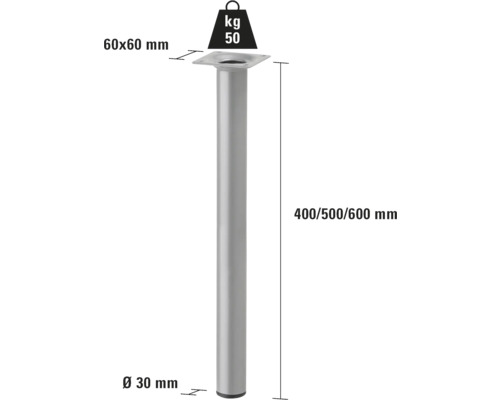 Möbelfot med måtten 60 x 60 mm, diameter 30 mm, höjd 400/500/600 mm och en lastkapacitet på 50 kilogram