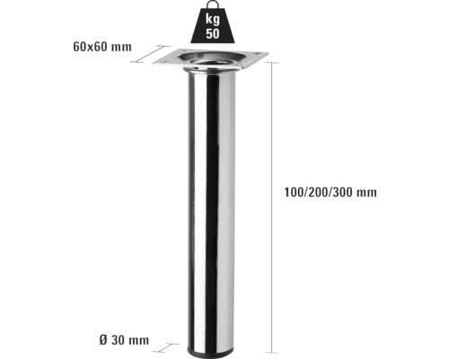 Bordsben av metall med måtten 60x60 millimeter, diameter 30 millimeter och en höjd av 100, 200 eller 300 millimeter, lastkapacitet 50 kilogram