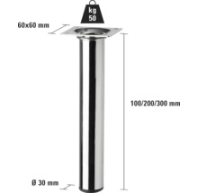 Möbelfot av metall med måtten 60x60 mm, diameter 30 mm, höjd 100/200/300 mm och en lastkapacitet på 50 kg.