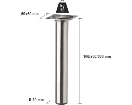 Möbelfot av metall med måtten 60x60 mm, 30 mm diameter och 100/200/300 mm höjd, lastkapacitet 50 kilogram
