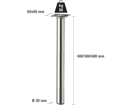 Bordsben av metall, 400, 500 eller 600 millimeter högt, diameter 30 millimeter, med en lastkapacitet på 50 kilogram