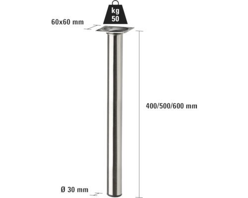 Möbelben av metall, 400/500/600 mm högt, 60 x 60 mm platta, 30 mm diameter
