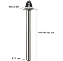 Bordsben av metall med en lastkapacitet på 50 kilogram och måtten 60 x 60 millimeter, 30 millimeter i diameter och en höjd på 400, 500 eller 600 millimeter