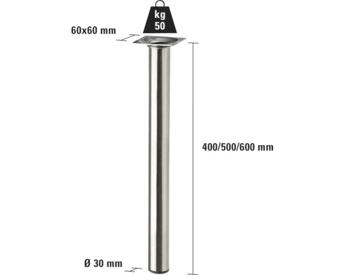 Bordsben av metall med en lastkapacitet på 50 kilogram och måtten 60 x 60 millimeter, 30 millimeter i diameter och en höjd på 400, 500 eller 600 millimeter